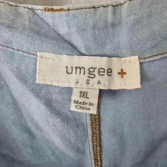 Umgee Blue Chambray Swing Dress Sleeveless Rag Hem V-Neck Size 1X Faux Pocket - Picture 2 of 6